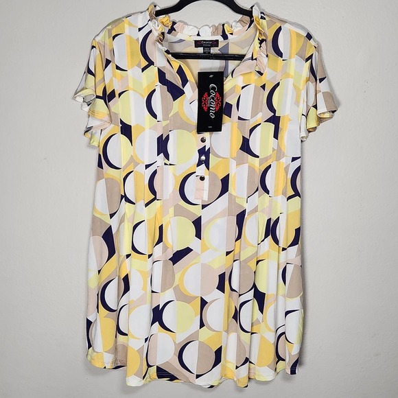 Cocomo Tops - Cocomo Womens 1X Yellow Navy Beige Geometric Abstract Blouse Pintuck Pleated NEW